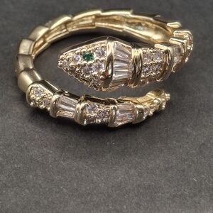 Gold Snake Wrap Ring with Clear Crystals and Emerald Accent, Adjustable